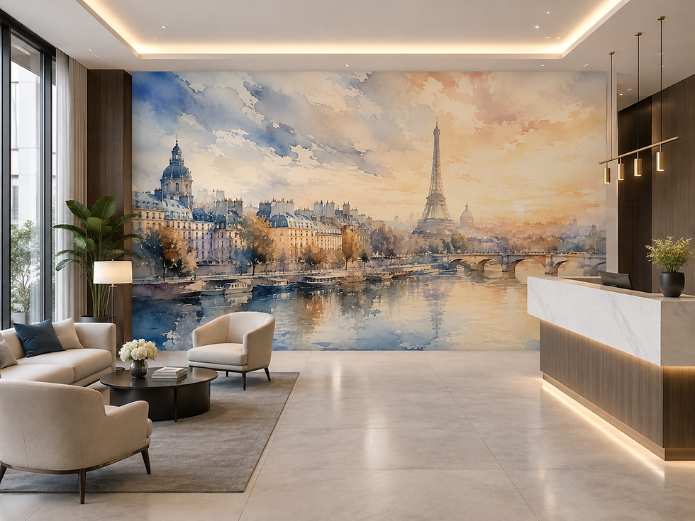 Thumbnail: Paris Seine River mural with Eiffel Tower, classic buildings, boats and blue gold watercolor sunset in a waiting area