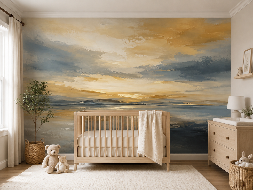 Thumbnail: Soft golden landscape wallpaper mural with calm blue gray water and gentle distant shoreline in a child's room