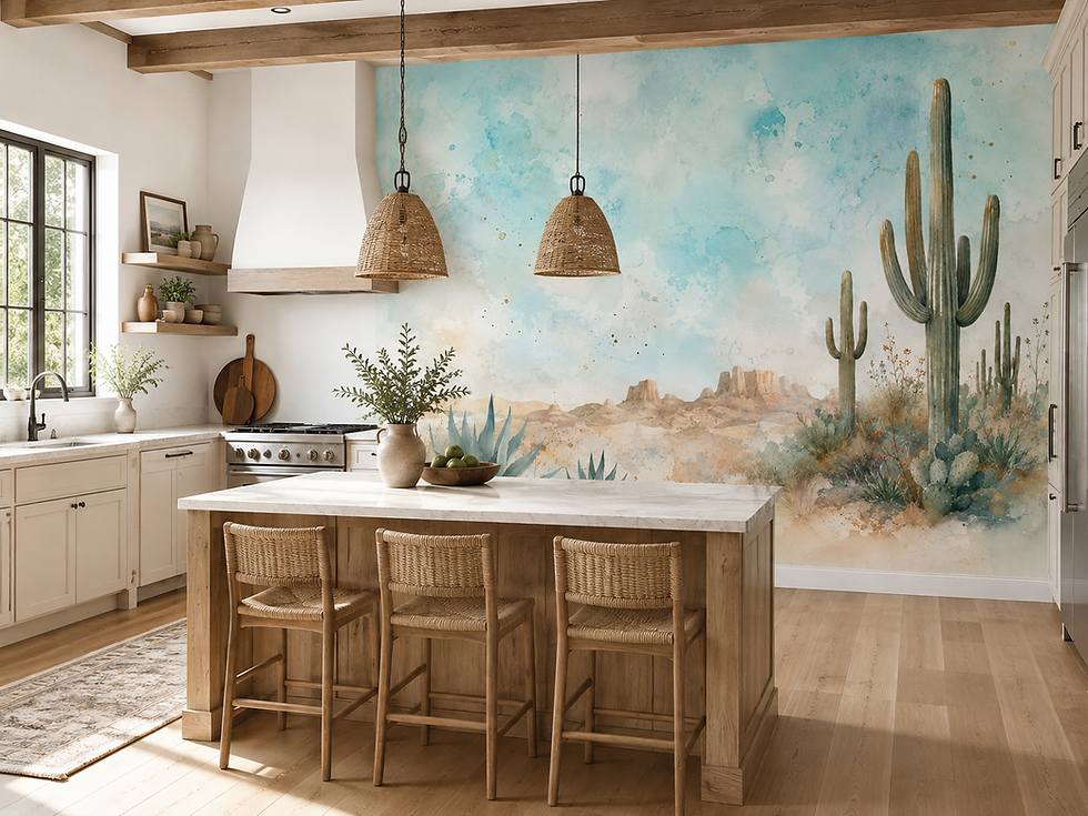 Thumbnail: Watercolor cactus wallpaper mural with saguaros, desert brush and soft aqua sky in a bright kitchen.