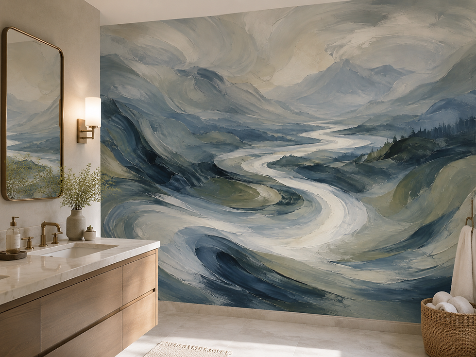 Thumbnail: Mountain river wallpaper in a bathroom with sink and mirror, featuring winding water, blue gray peaks and sage hills