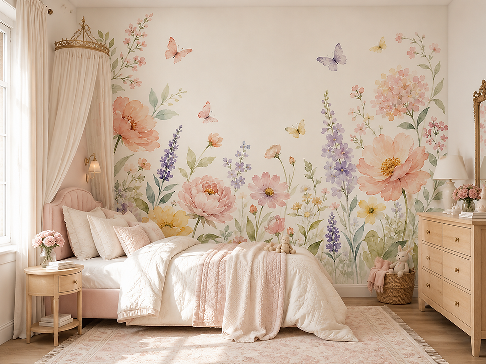 Colorful floral garden wallpaper mural with pastel butterflies, peonies, and lavender flowers in a girls bedroom.
