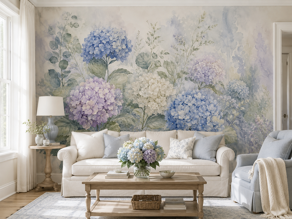 Thumbnail: Blue Hydrangea watercolor wallpaper mural featuring soft blue, lavender and ivory hydrangeas creating an elegant living room.