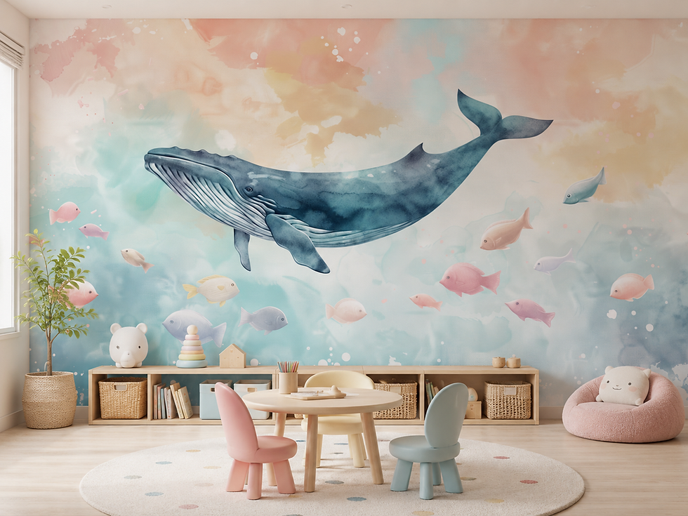Thumbnail: Whale wallpaper for a playroom with watercolor sea life and soft pastel colors
