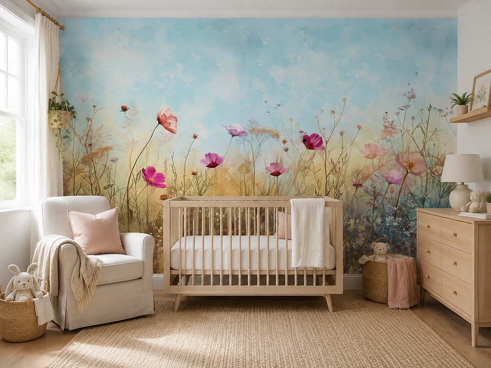 Thumbnail: Watercolor wildflower wallpaper in a nursery with blush pink blossoms and soft botanical meadow scenery.