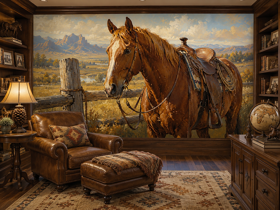 Thumbnail: Rustic horse portrait mural with leather tack and golden Western countryside in a home library.