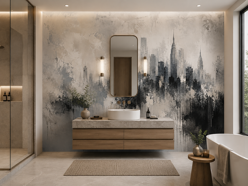 Thumbnail: New York skyline wallpaper mural with black, gray and ivory painterly city texture in a modern bathroom.