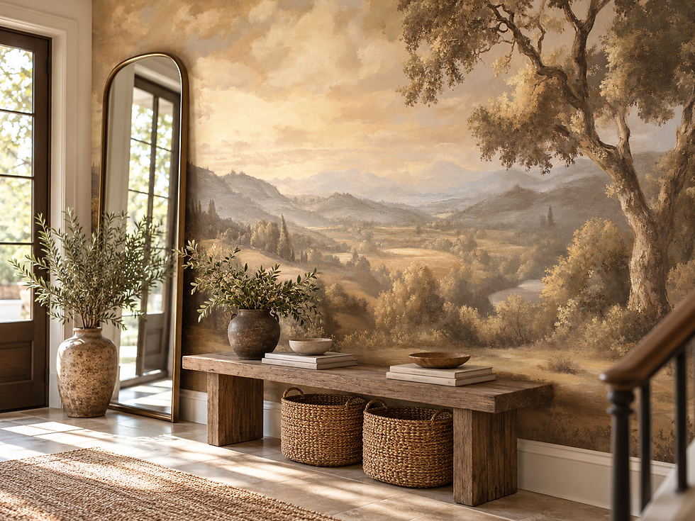 Thumbnail: Rustic landscape wallpaper with warm hills, distant mountains and a large tree in a hallway
