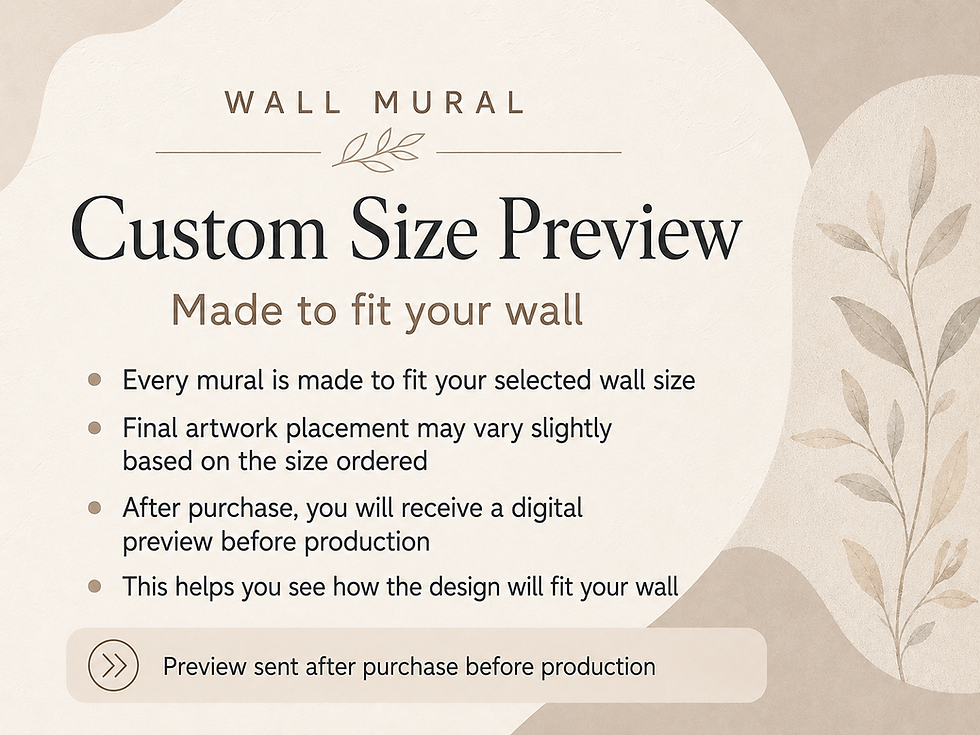 Thumbnail: Custom size preview wall mural card explaining that a digital preview is sent after purchase before production to confirm art
