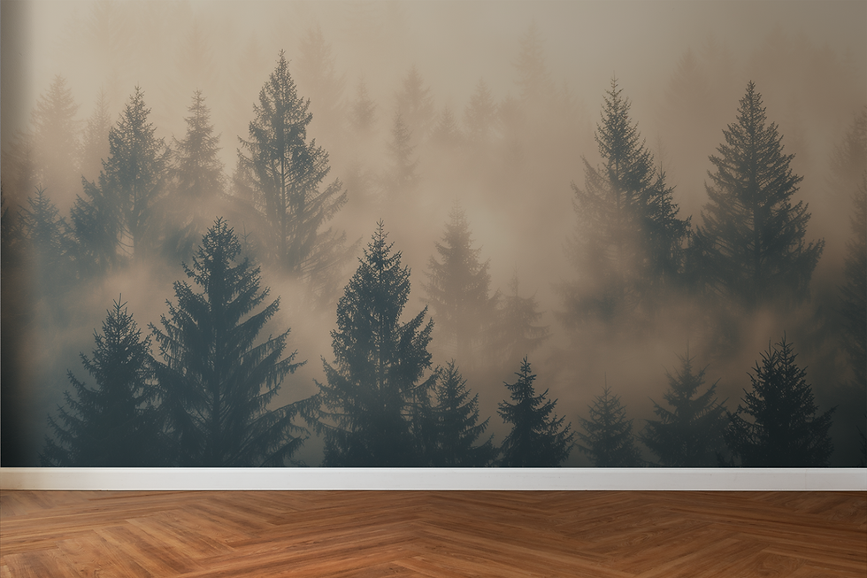 Thumbnail: Full view of Morning Pine Veil wall mural by Bellasso, misty pine forest layered in soft golden haze