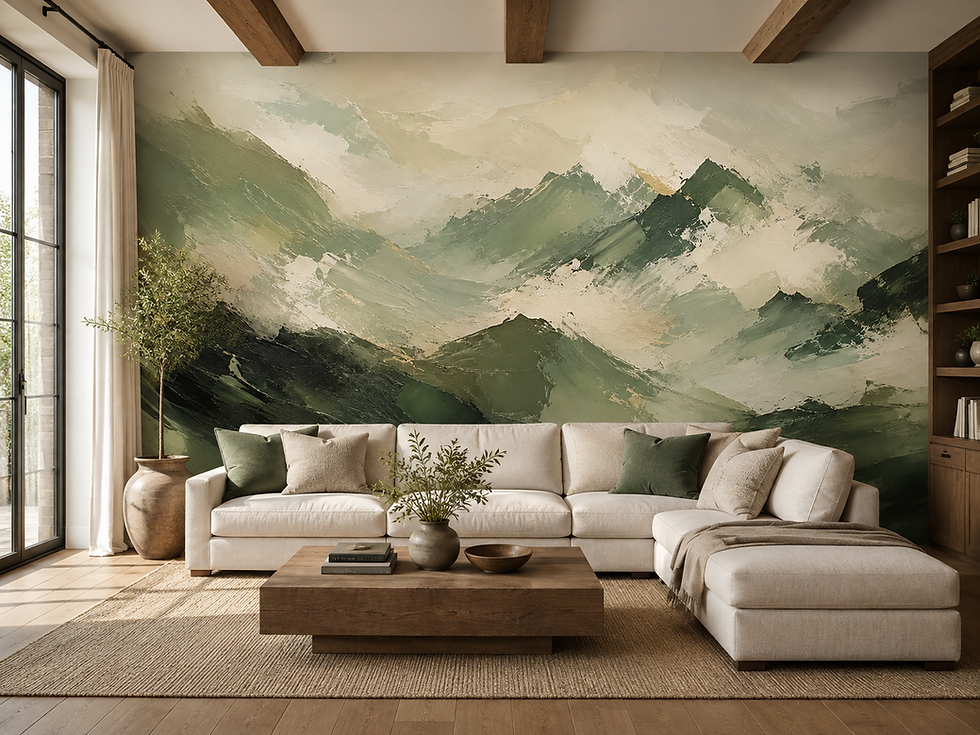 Sage alpine wall mural with deep green mountain peaks, soft cream tones and expressive abstract brushwork in a living room