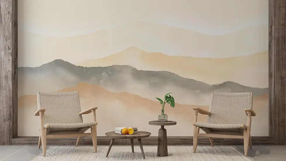 Organic modern living room featuring Avelune wallpaper mural, warm neutral landscape with soft mist layering
