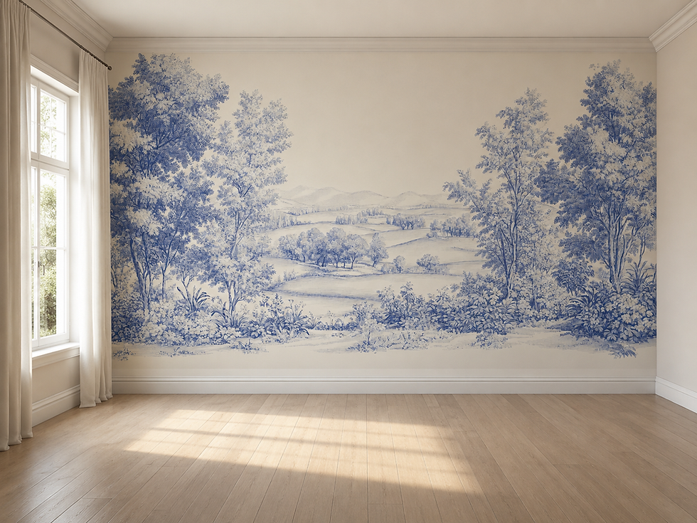 Thumbnail: Botanical wallpaper for a hallway featuring detailed blue toile trees and countryside scenery