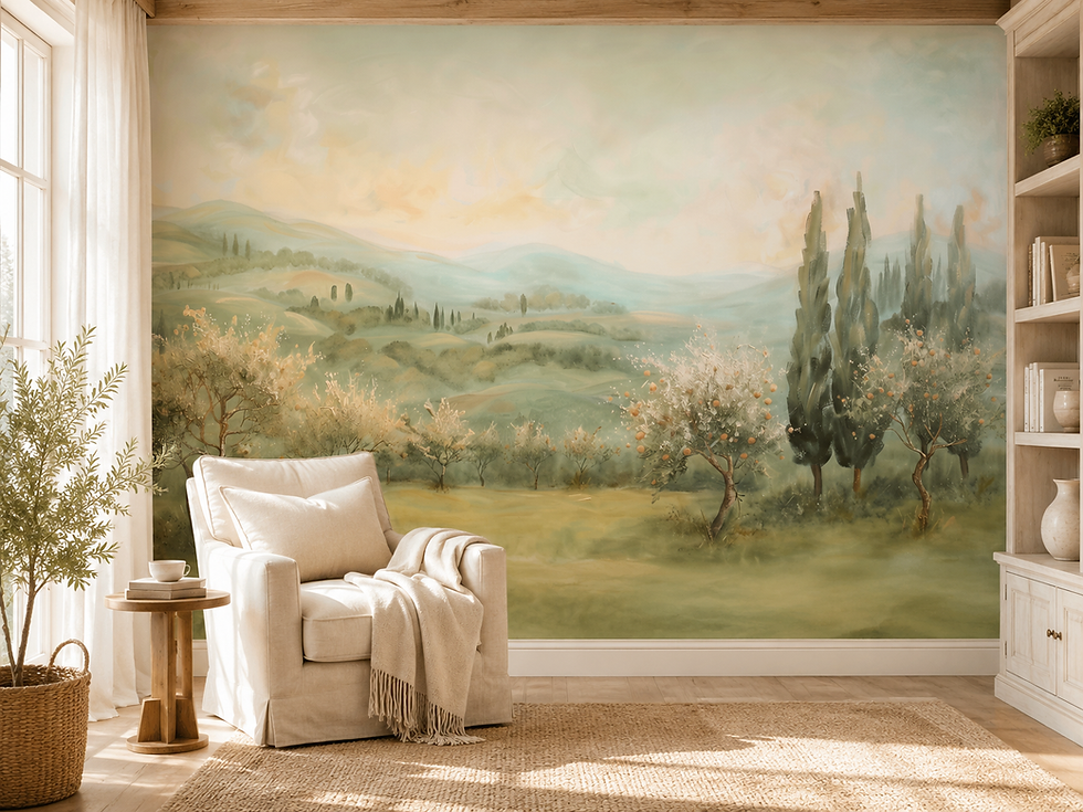 Thumbnail: Olive Hills panoramic wall mural with soft green countryside in a cozy sunlit reading nook
