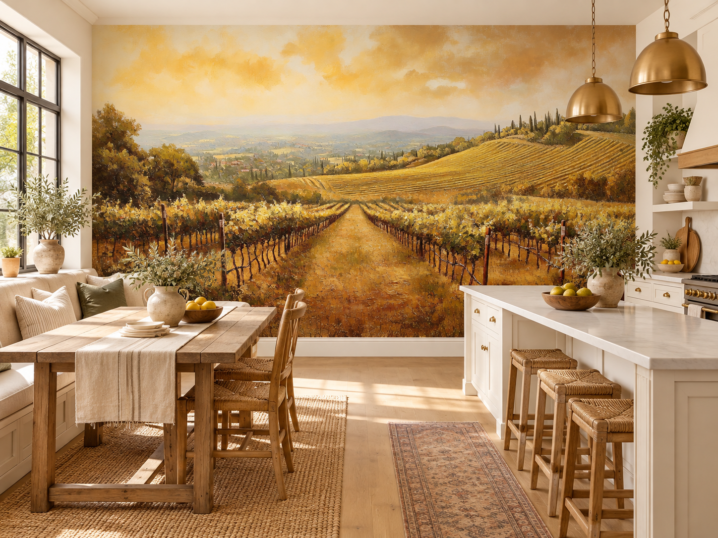 Vineyard landscape mural with golden rows, rolling Tuscan hills and cypress trees in a kitchen