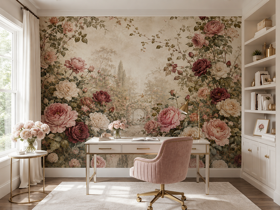 Vintage English garden wallpaper mural bringing sophisticated floral elegance into a home office.
