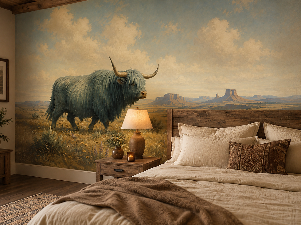 Thumbnail: Highland cow wallpaper mural with blue-gray shaggy cow and warm desert landscape in a bedroom.