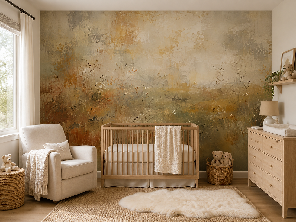 Thumbnail: Soft earthy meadow wallpaper mural with warm ochre, muted olive and delicate wildflowers in a child's room