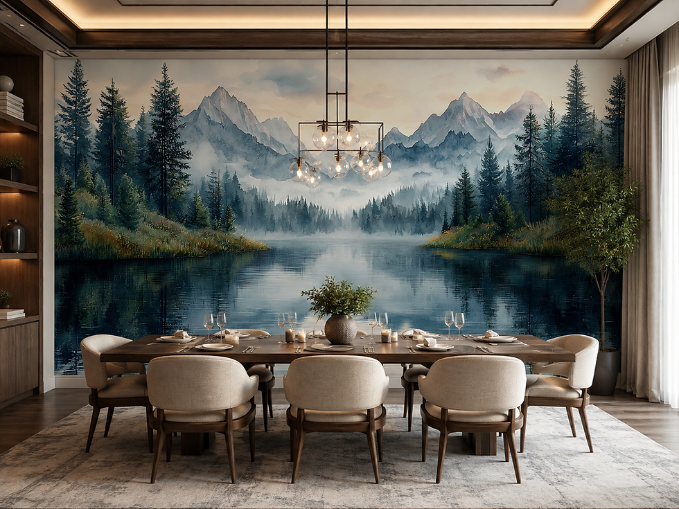 Thumbnail: Evergreen lake wallpaper with watercolor mountains, tall pine trees and soft mist in a dining room