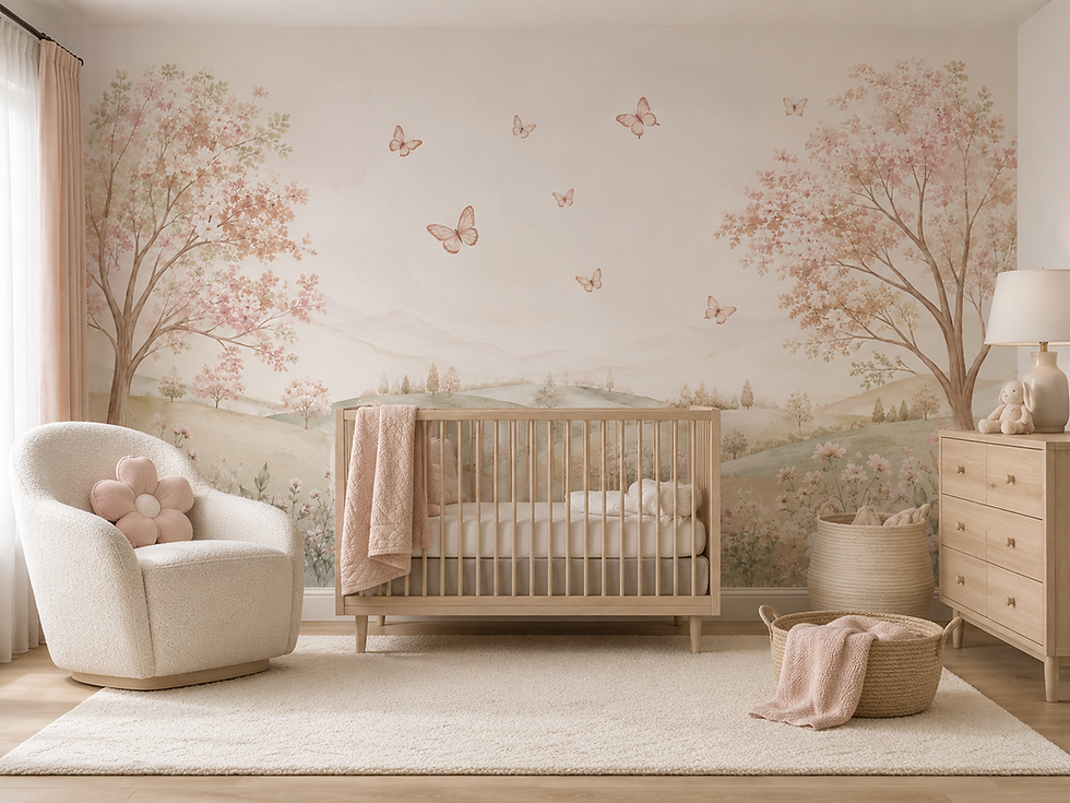 Pink floral butterfly wallpaper mural with flowering trees, wildflowers, and soft rolling hills in a baby girl nursery.