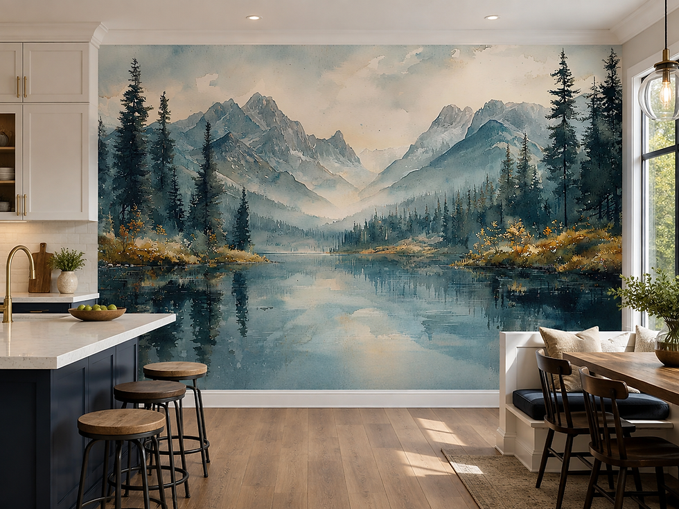Thumbnail: Mountain lake landscape mural with blue alpine peaks, evergreen trees and soft watercolor scenery in a kitchen