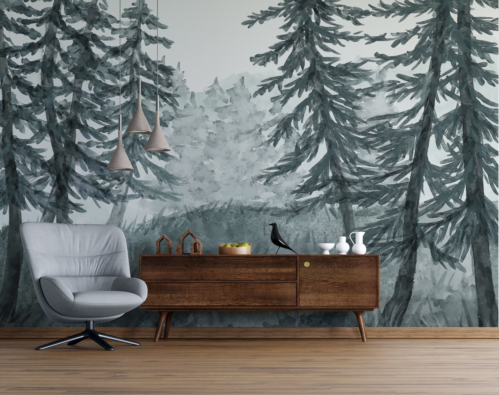 Japandi interior featuring Nordmere forest wallpaper mural with watercolor pine trees and misty neutral landscape
