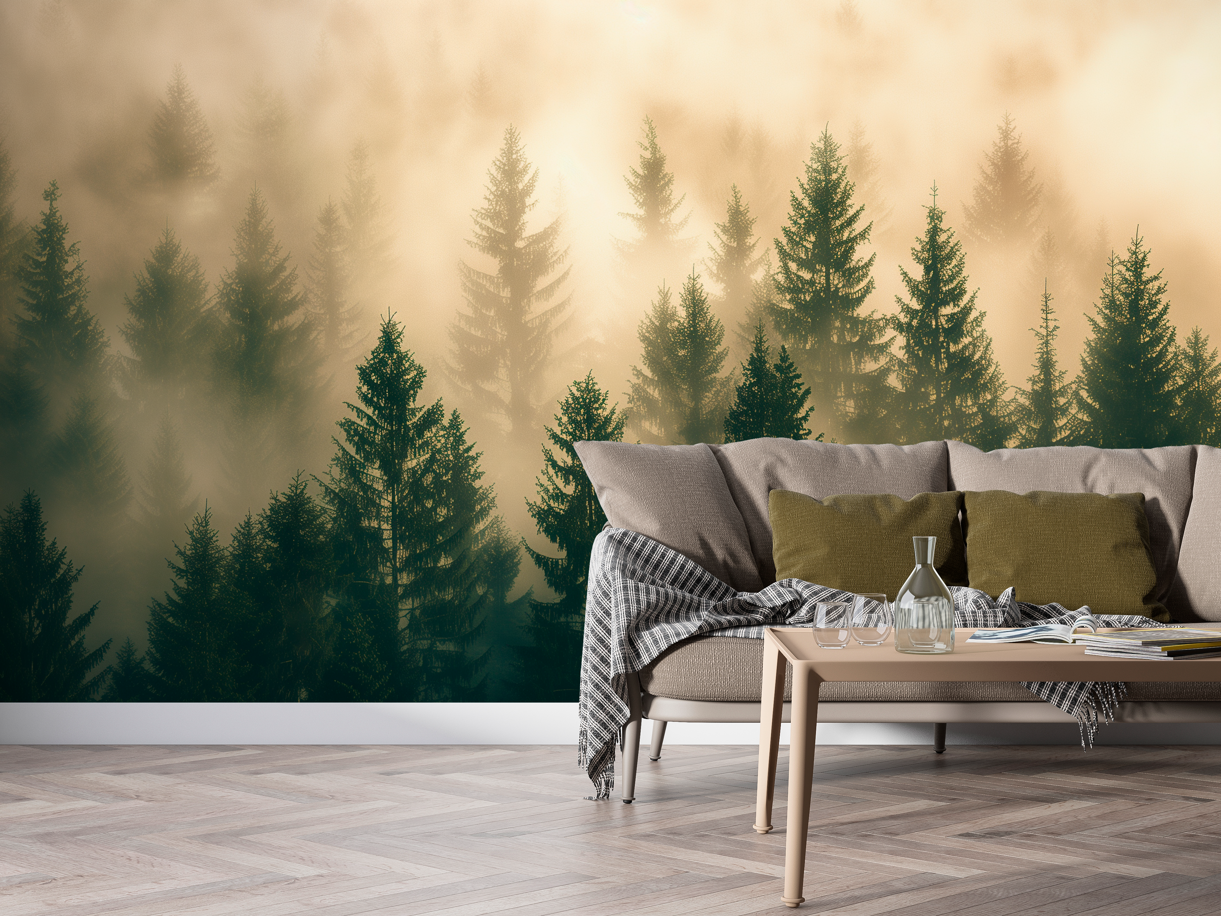 Living room styled with Golden Pine Mist forest wall mural by Bellasso, atmospheric pine trees with gentle golden haze