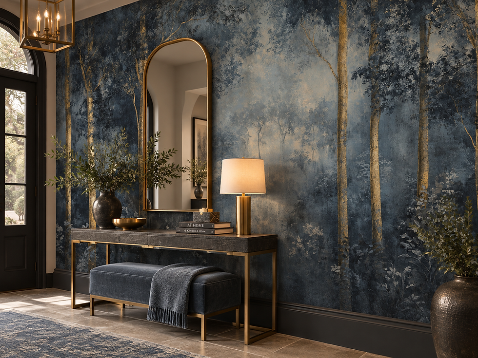 Luxury botanical wallpaper mural with dark blue foliage, gold tree trunks and dramatic forest texture in a hallway