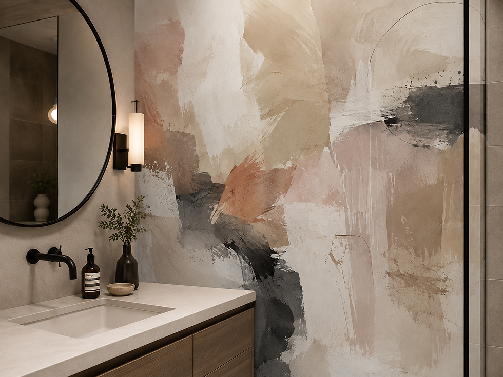 Neutral abstract wallpaper mural with soft blush, beige and charcoal painted textures in a bathroom.