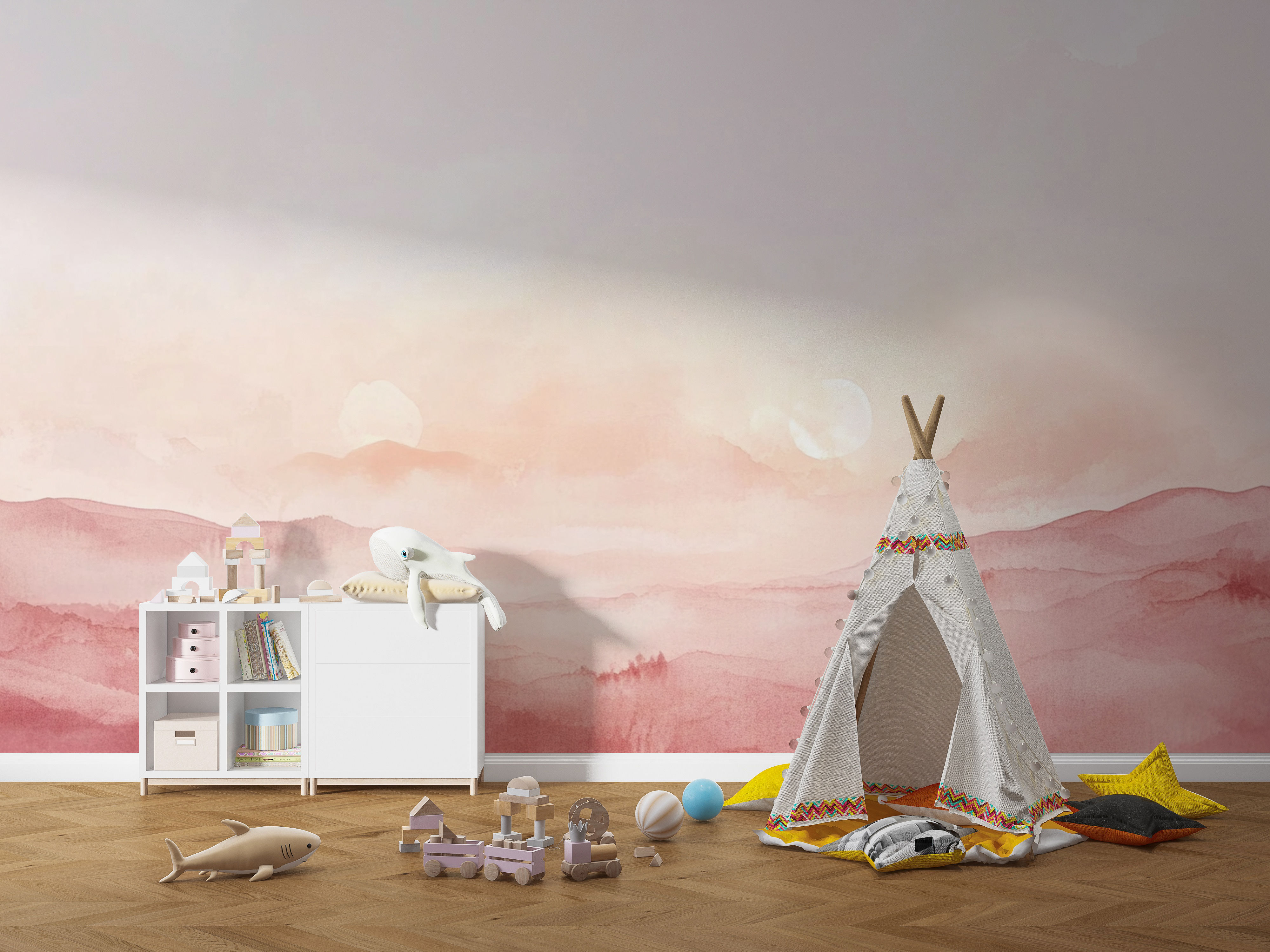 Pink watercolor landscape wall mural featuring soft rolling hills in elegant bedroom interior