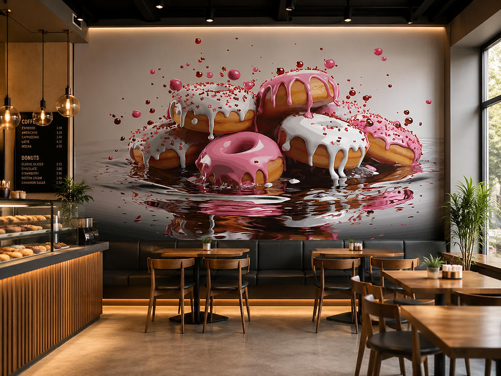 Thumbnail: Donut store wall mural featuring colorful glazed pastries and dripping icing perfect for pastry shops and cafés.