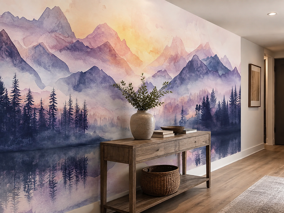 Misty alpine wallpaper mural with lavender mountains, pine trees and soft pastel scenery in a hallway