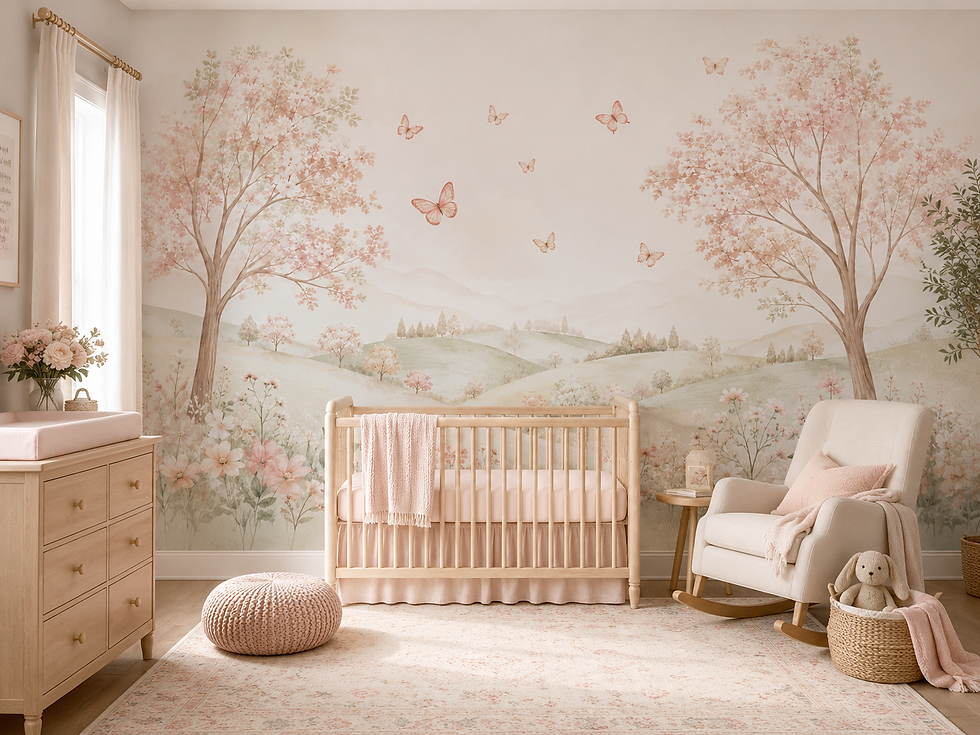 Thumbnail: Pastel nature wallpaper mural featuring delicate butterflies, blush flowers, and peaceful countryside hills in a neutral baby