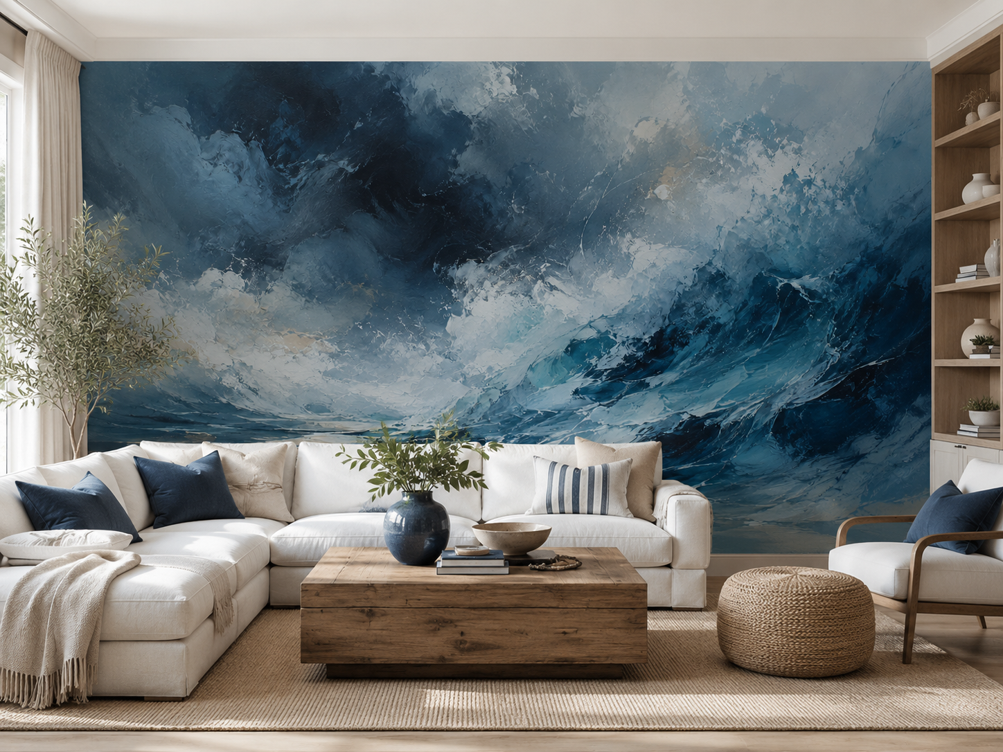 Stormy sea wallpaper mural with deep blue waves and dramatic gray clouds in a modern living room.