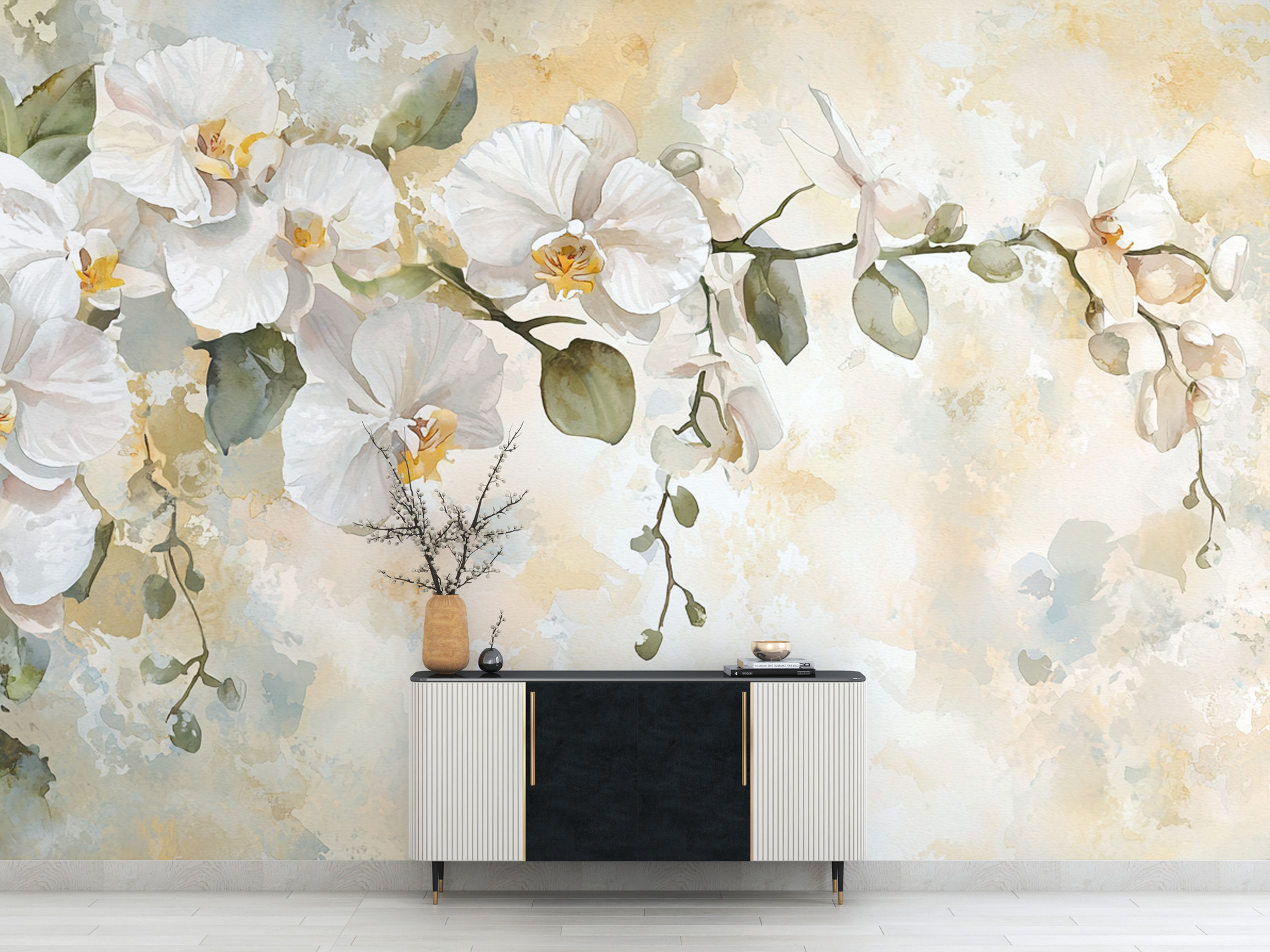 watercolor orchid mural for guest room decor