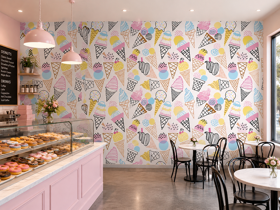 Thumbnail: Pastel ice cream wallpaper with illustrated cones, scoops, and geometric shapes for dessert cafés.