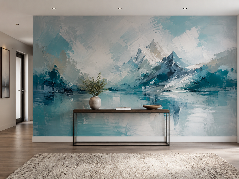 Thumbnail: Turquoise alpine wallpaper mural with sharp mountain peaks, icy lake and cool blue abstract scenery in a hallway