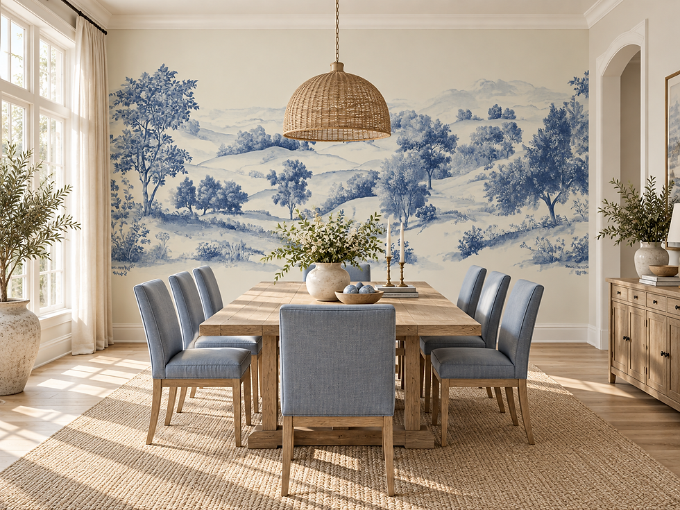 Thumbnail: Blue landscape wallpaper with sketch-style trees, soft hills and classic countryside scenery in a dining room