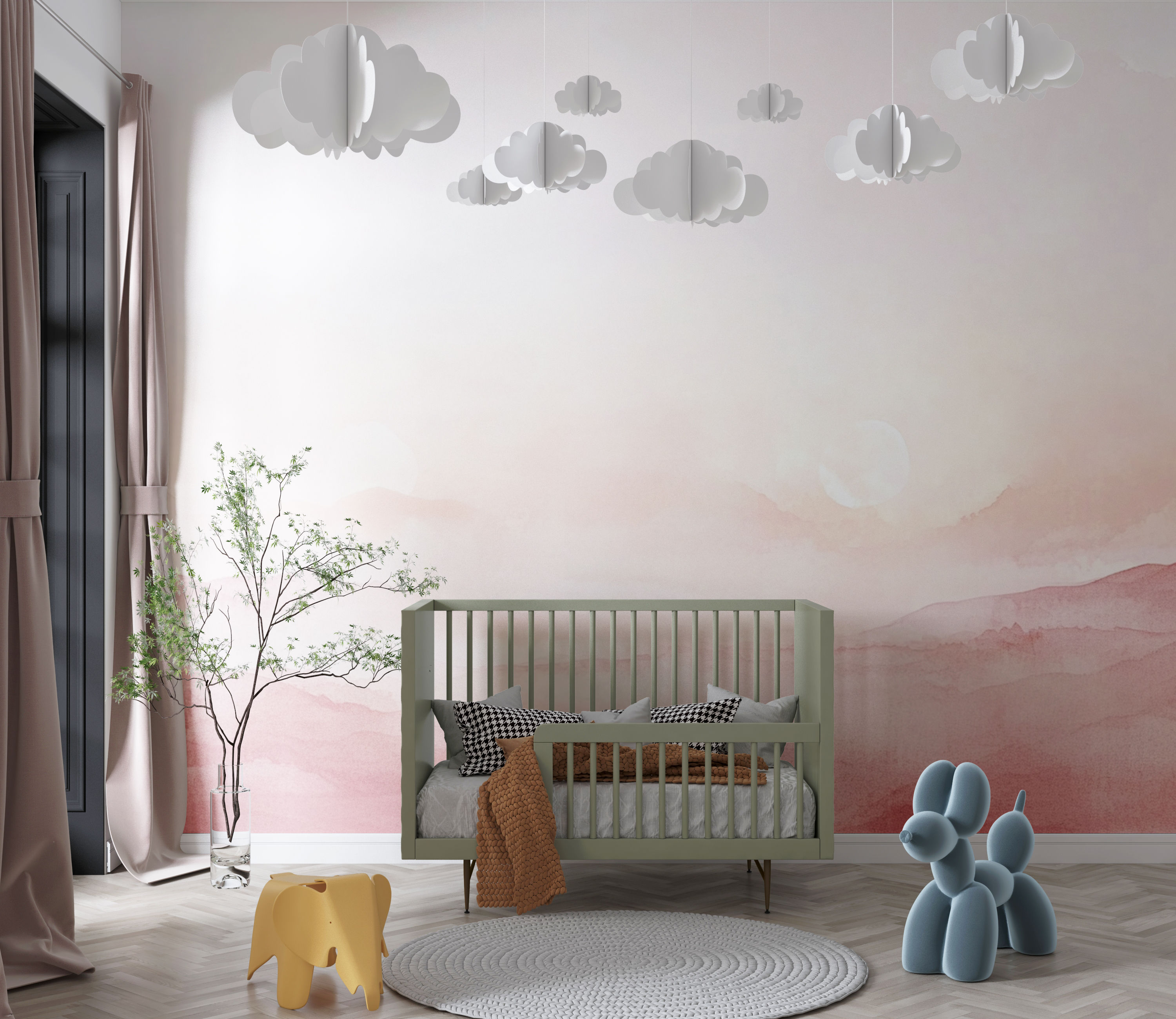 Bedroom styled with Solmira wall mural, romantic pink horizon with layered watercolor mountains