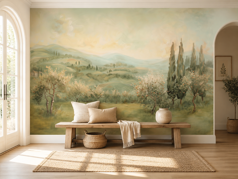 Thumbnail: Olive Hills countryside wallpaper mural with cypress and orchard trees above a rustic wood entryway bench