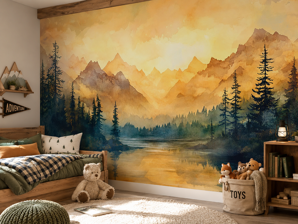 Thumbnail: Soft watercolor mountain wallpaper mural with peaceful lake and pine forest in a child's room