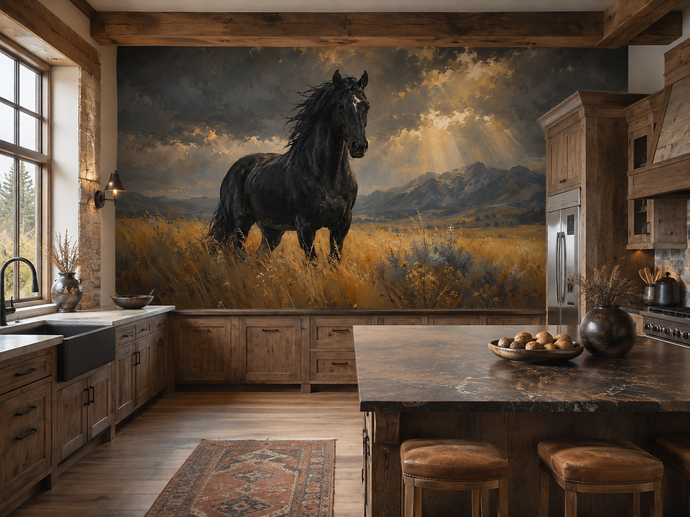 Thumbnail: Western horse wall mural with black stallion standing in golden grass beneath dramatic mountains inside a ranch house.