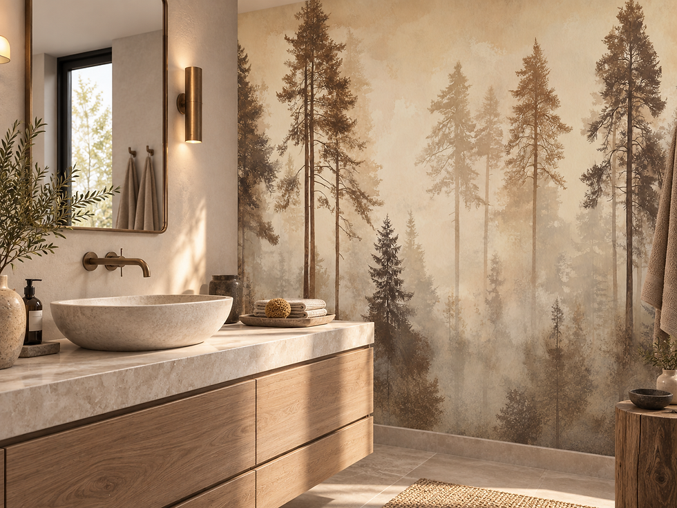 Warm pine wallpaper in a bathroom with sink and mirror, featuring tall brown trees and soft golden mist