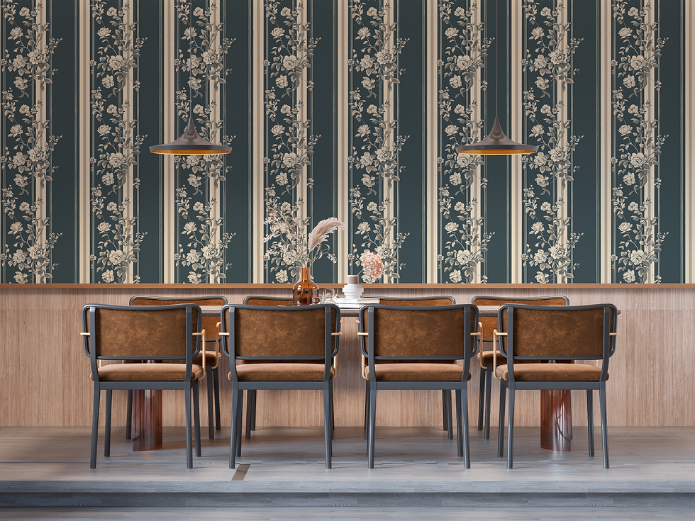 Thumbnail: Living room styled with Florivale wallpaper pattern, vertical floral stripes creating a refined, timeless look