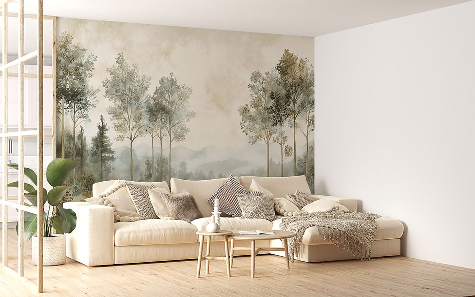 Thumbnail: Luxury living room styled with Lunavelle watercolor forest wall mural