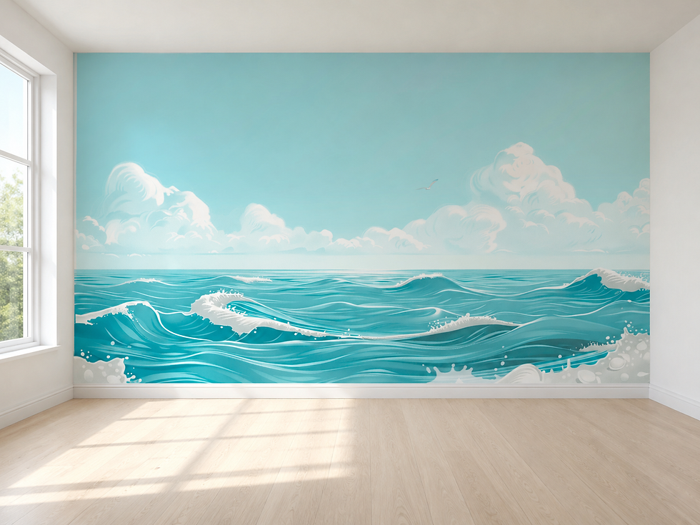 Thumbnail: Ocean wallpaper in a hallway showcasing panoramic blue waves beneath soft white clouds.