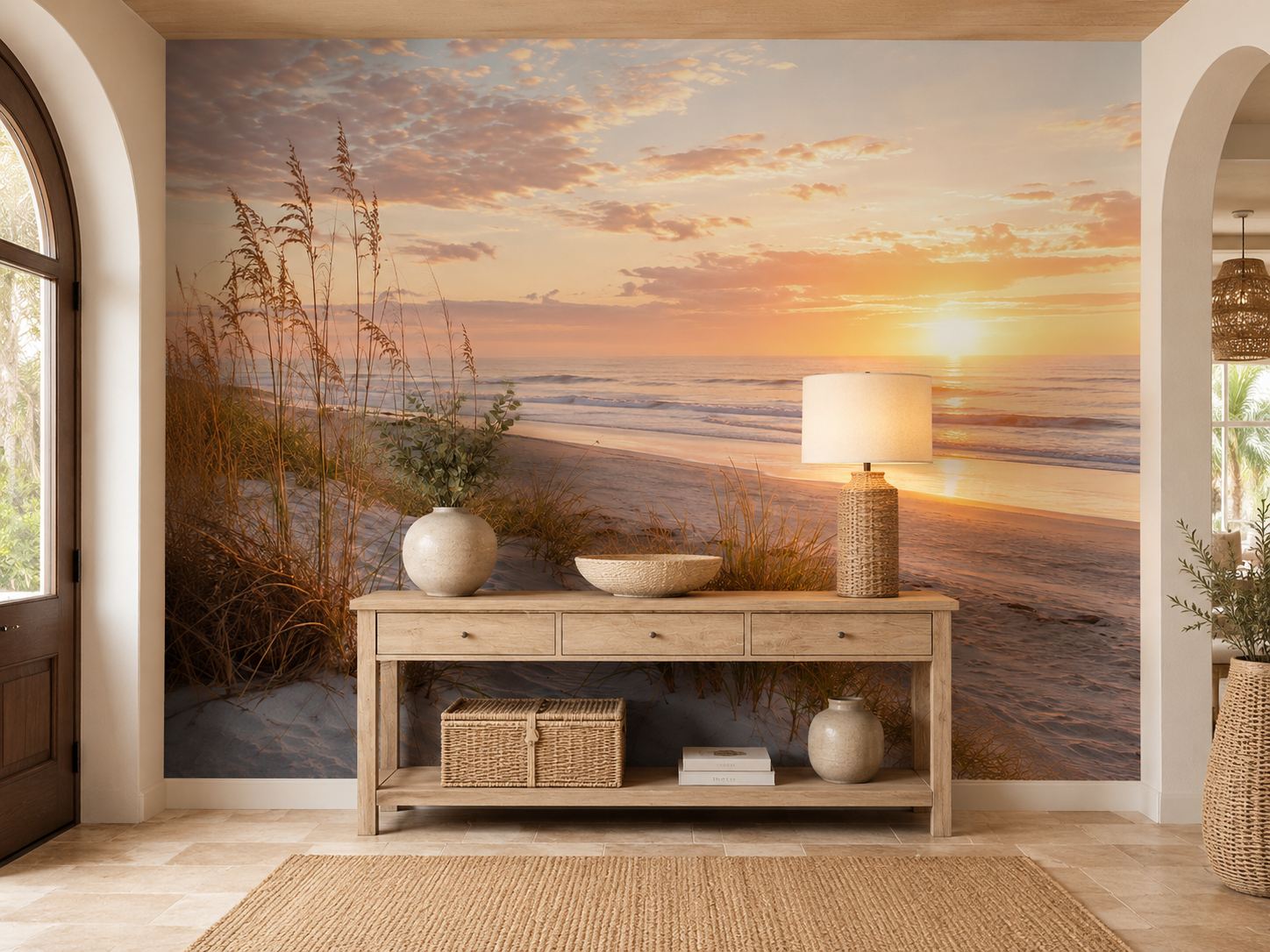 Sunset coastal wallpaper welcoming guests with golden beach scenery in an elegant entryway.