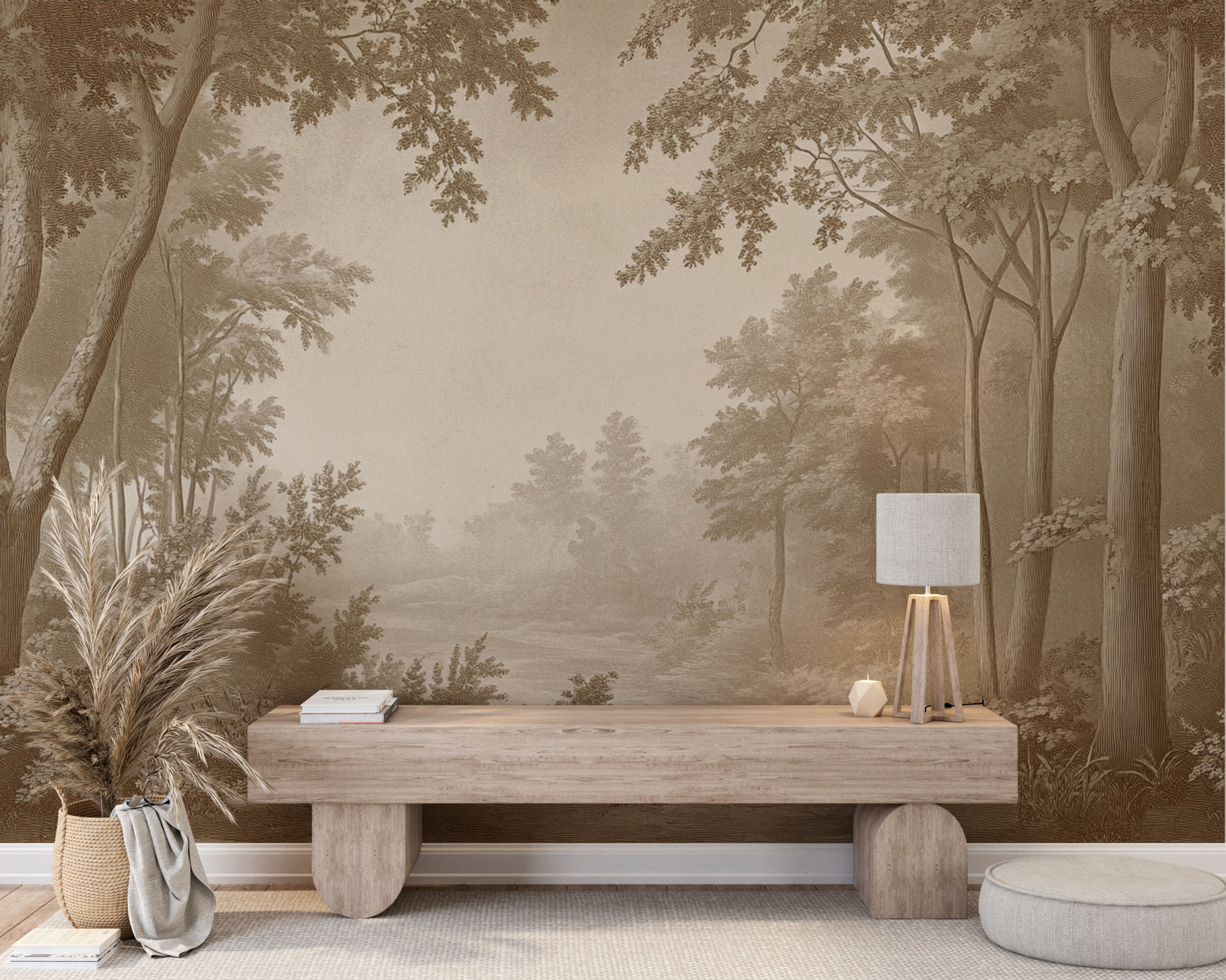 vintage forest wall mural in sepia engraving style
