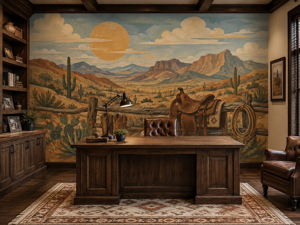 Thumbnail: Ranch landscape mural with saddle, rustic fence and Southwest desert scenery in a Western home office.