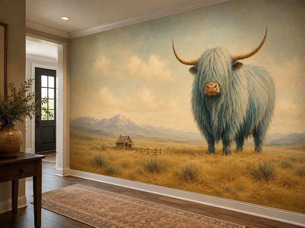 Thumbnail: Highland cow wall mural with golden prairie and distant mountain landscape extending along a hallway.