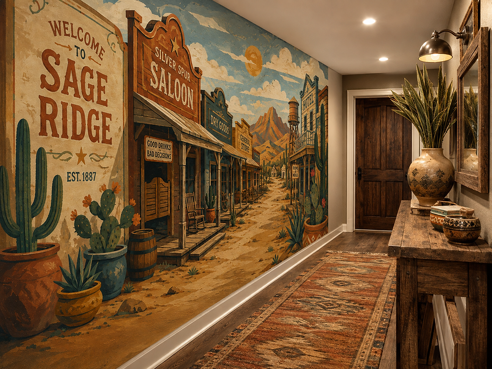 Western village wallpaper mural with saloon storefronts and desert scenery extending along a hallway.